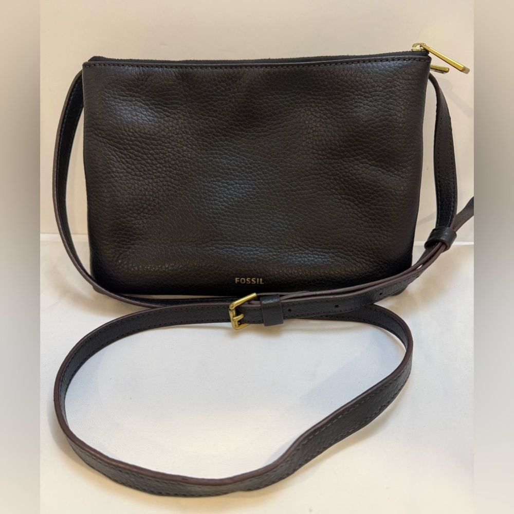 Fossil Black Pebbled Leather Crossbody Shoulder Bag Purse Black Gold Zip